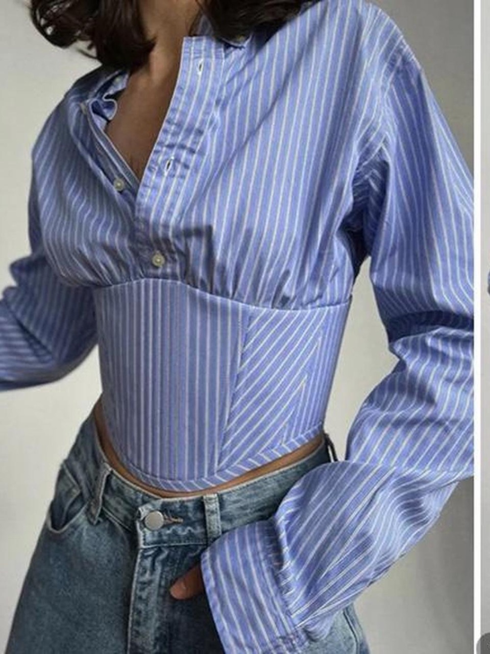 Micas blue and white striped corset style button down blouse